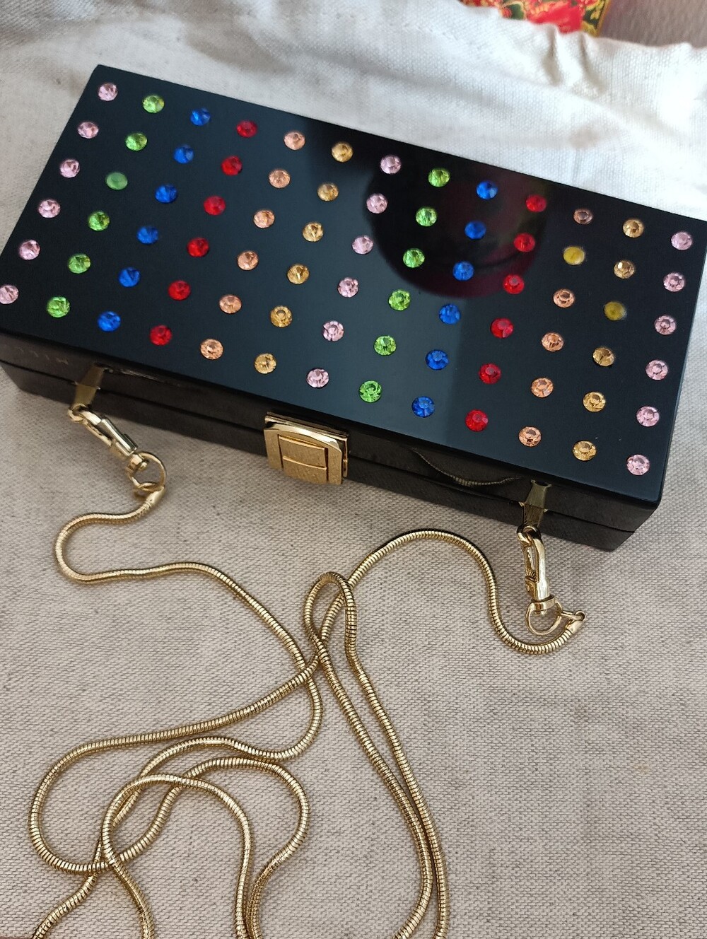 Milly Minaudie're Acrylic Black Jeweled Box Clutch with Gold Chain Link Strap